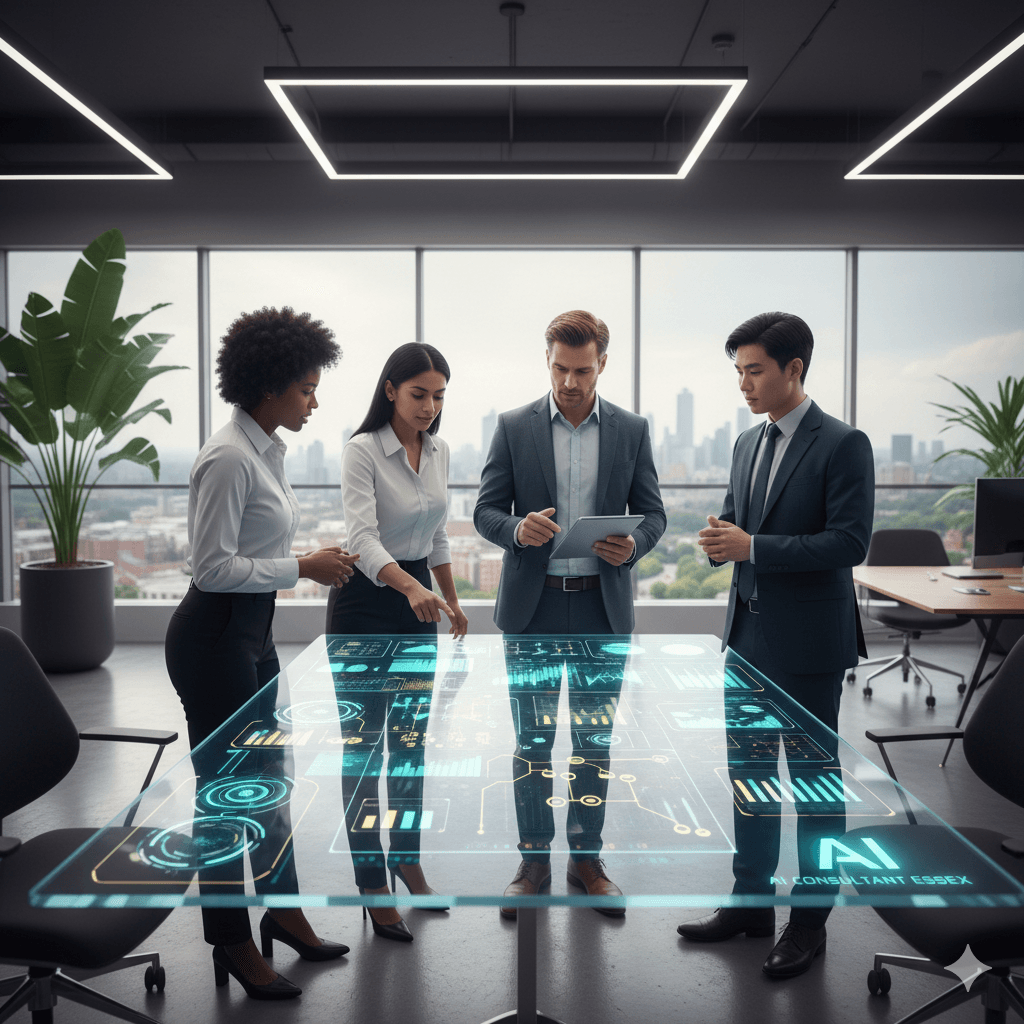 Professional team gathered around AI technology display in modern Essex office learning AI tools