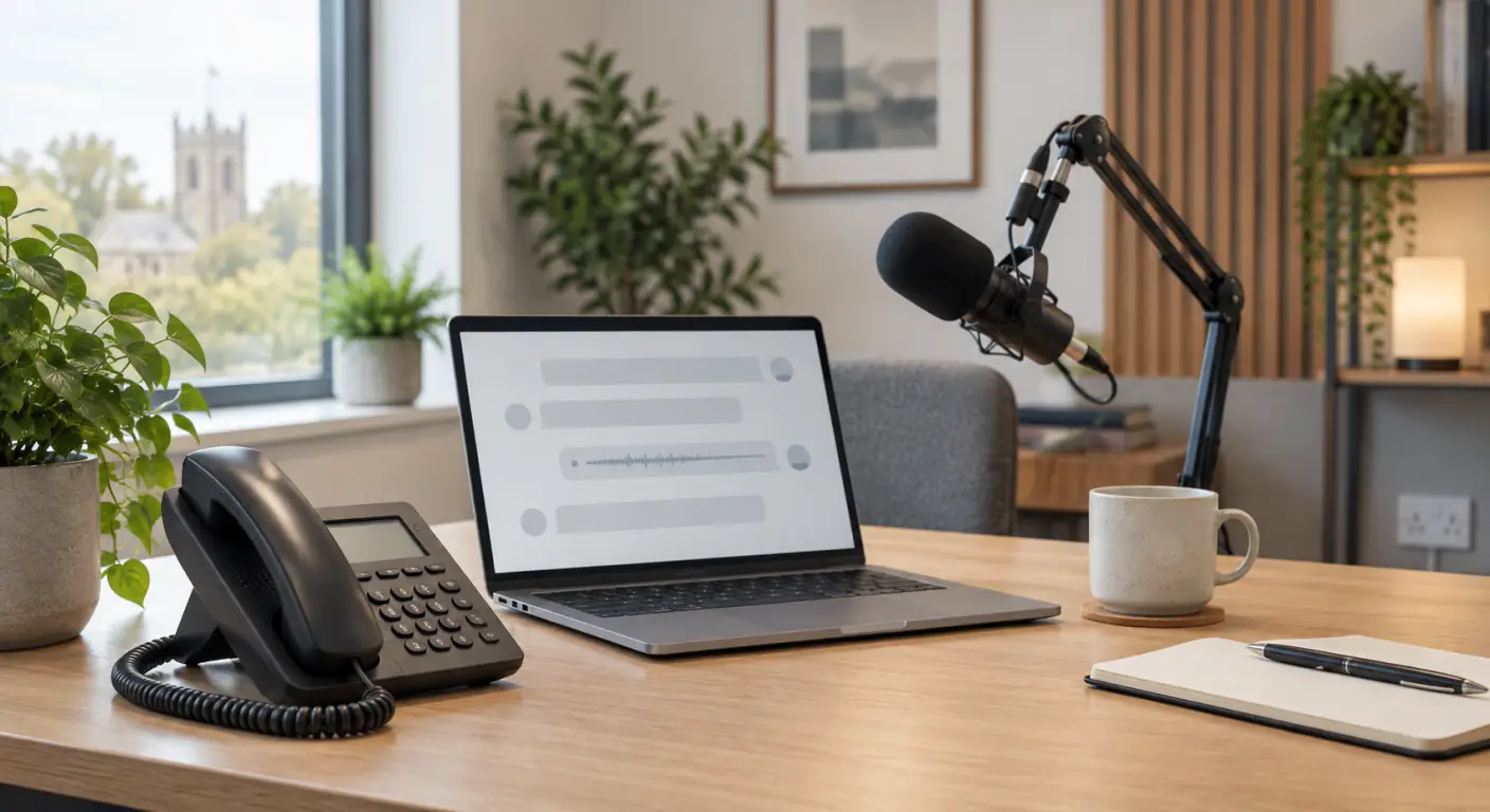 A desk telephone beside a radio studio microphone on a boom arm, with a laptop showing a call transcript and an audio waveform