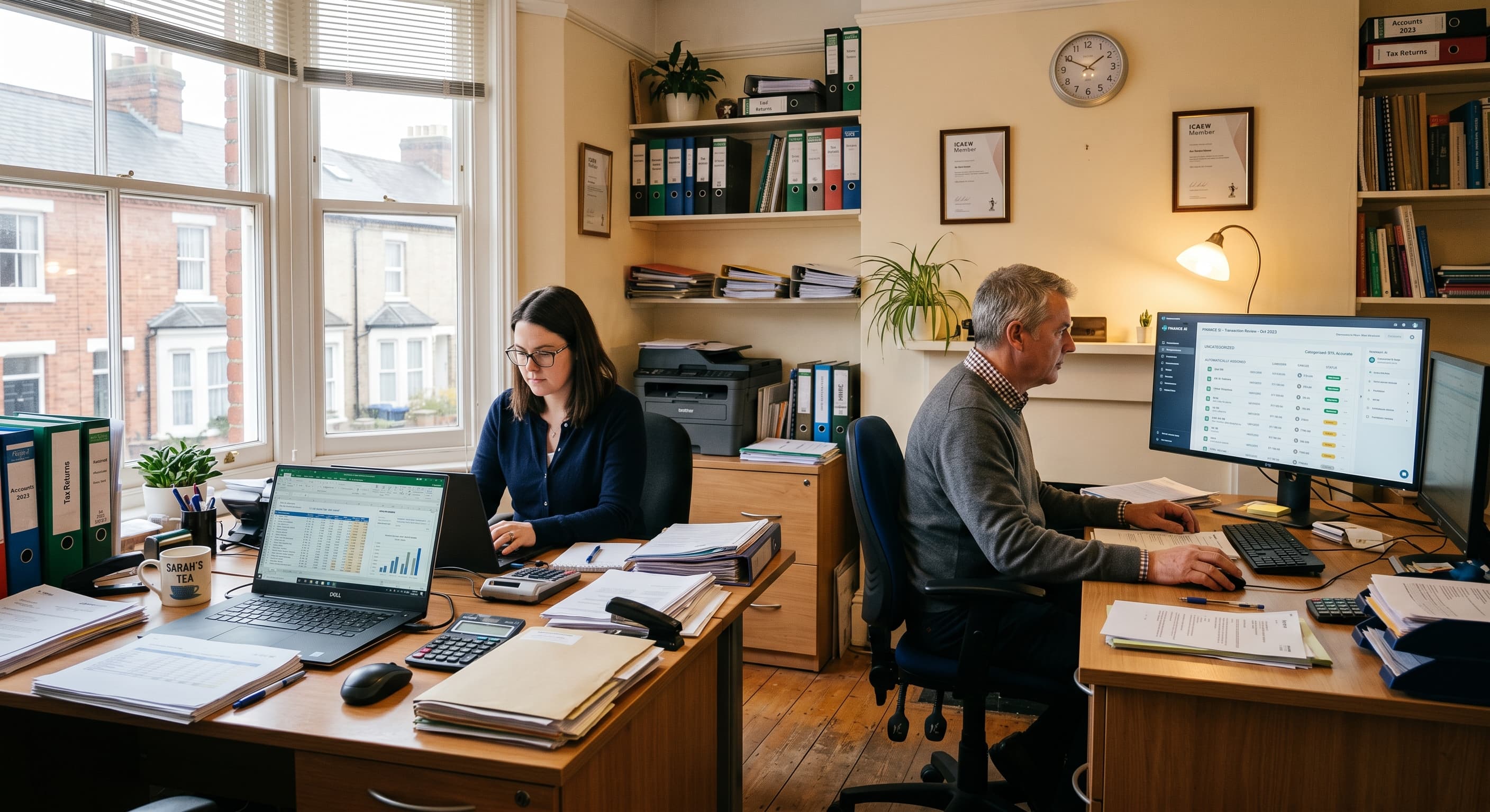 Small UK accounting office with two people working at desks with financial software and AI interfaces
