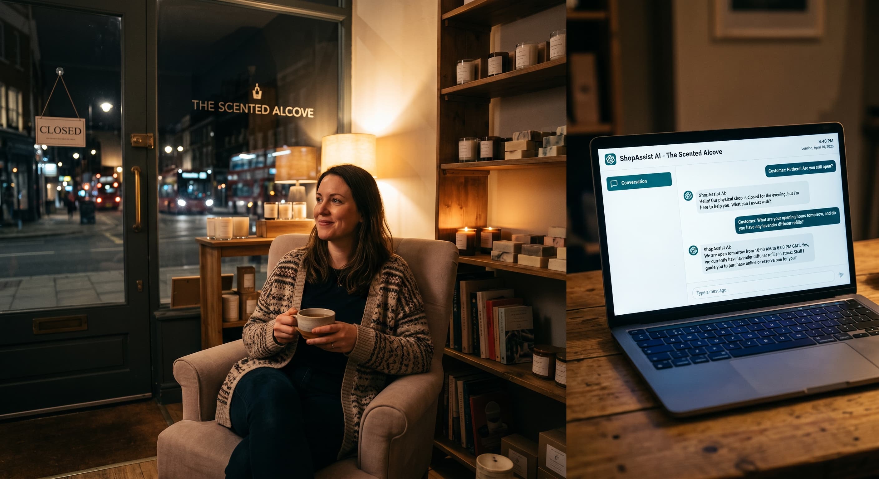 Shop owner relaxing after hours while a laptop shows an AI chatbot handling customer enquiries