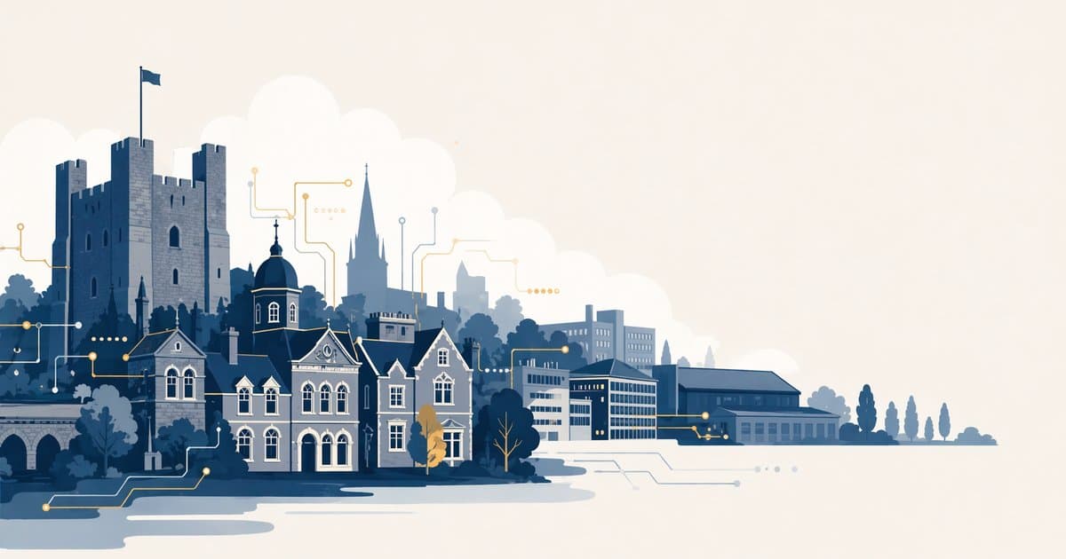 Stylised illustration of Colchester rooftops with a subtle circuit motif representing AI adoption in North Essex businesses