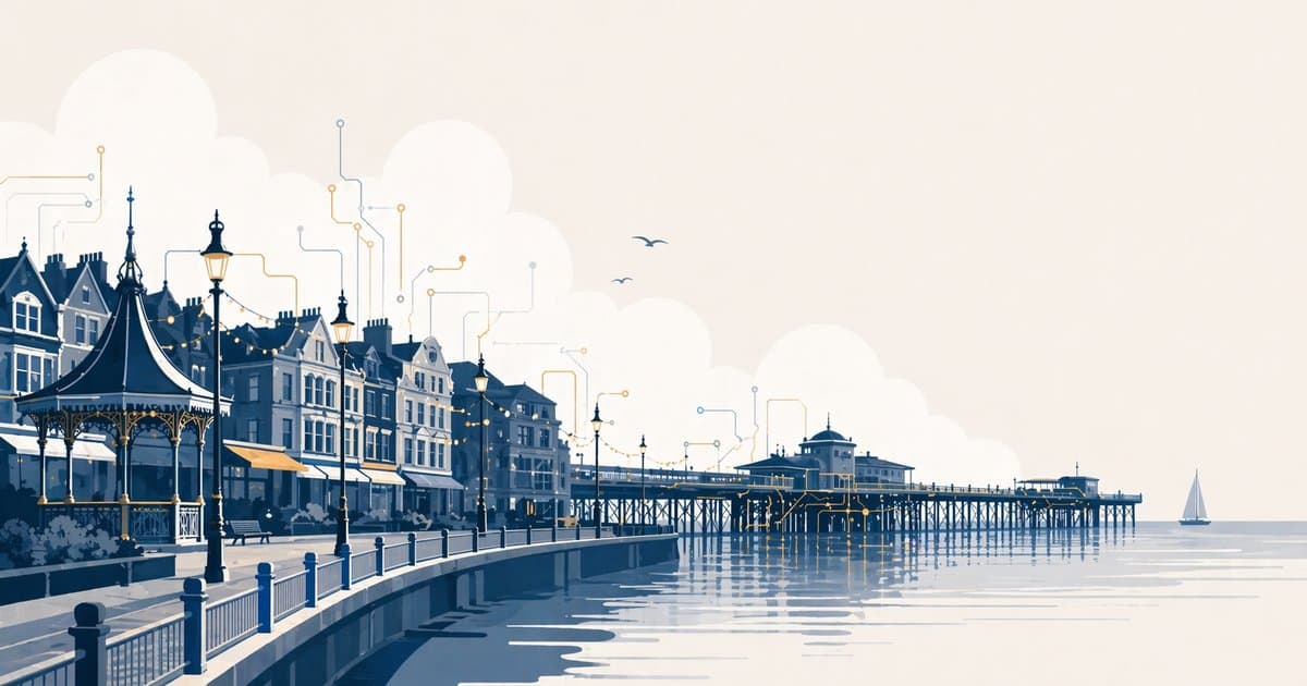 Editorial illustration of Southend seafront skyline with the pier, hinting at hospitality and retail businesses adopting AI