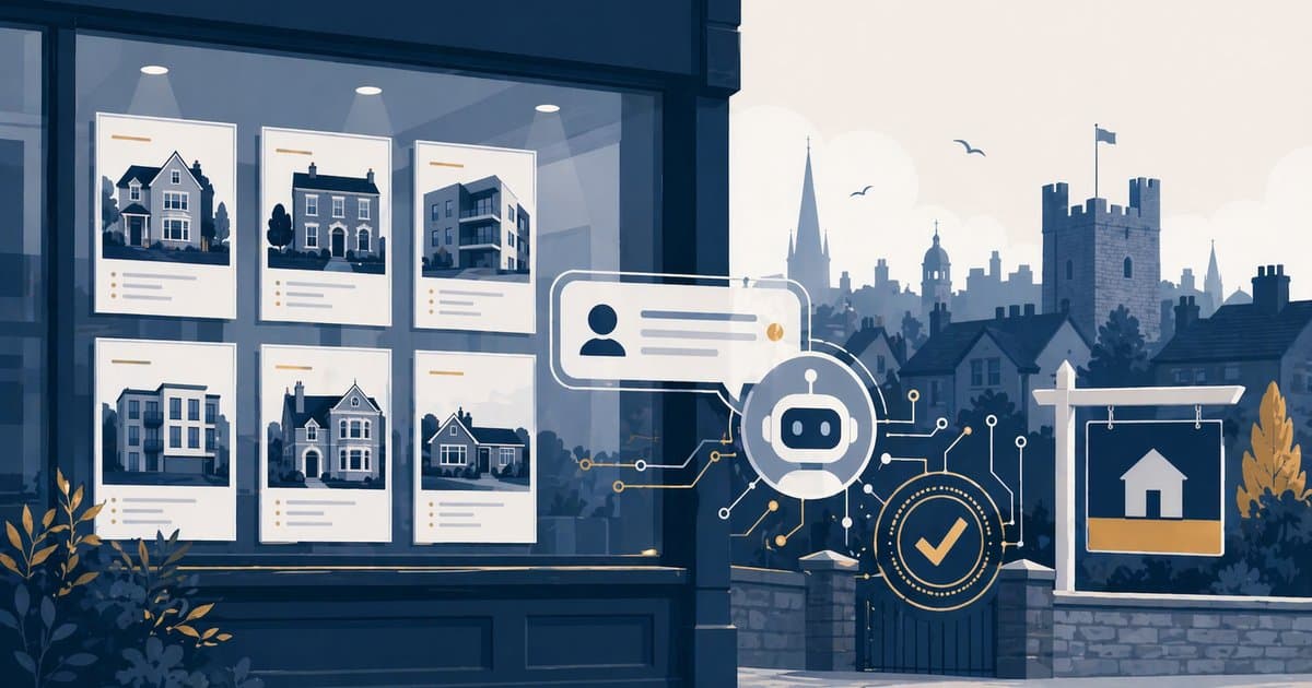 Editorial illustration of an Essex estate agency window with an AI assistant icon qualifying a buyer enquiry
