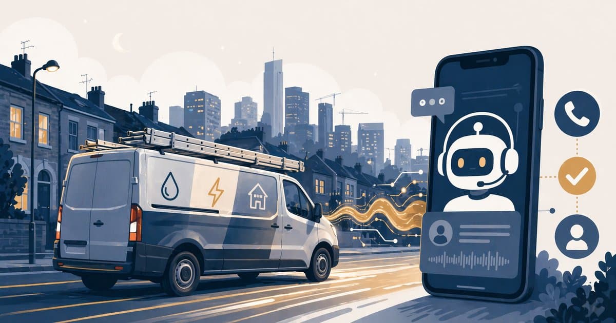 Editorial illustration of a trade van with a smartphone showing an AI call handler recovering after-hours enquiries