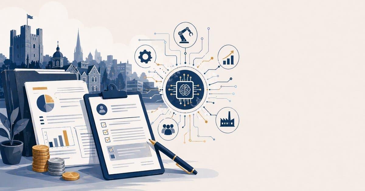 Editorial illustration of funding documents, a grant form, and a laptop representing Essex SME AI funding options