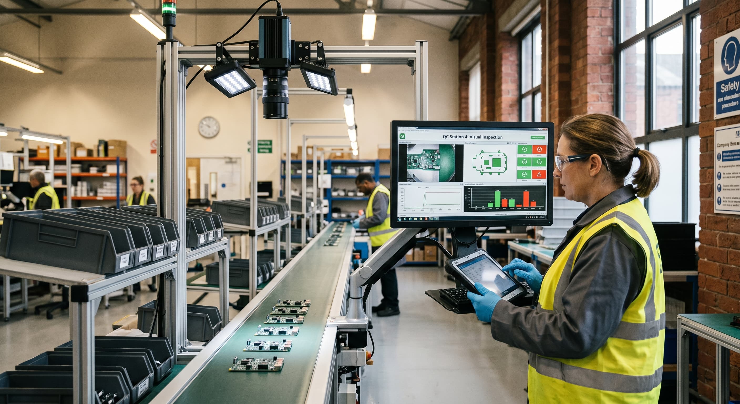 Small manufacturing workshop with a camera mounted above a production line for AI quality inspection