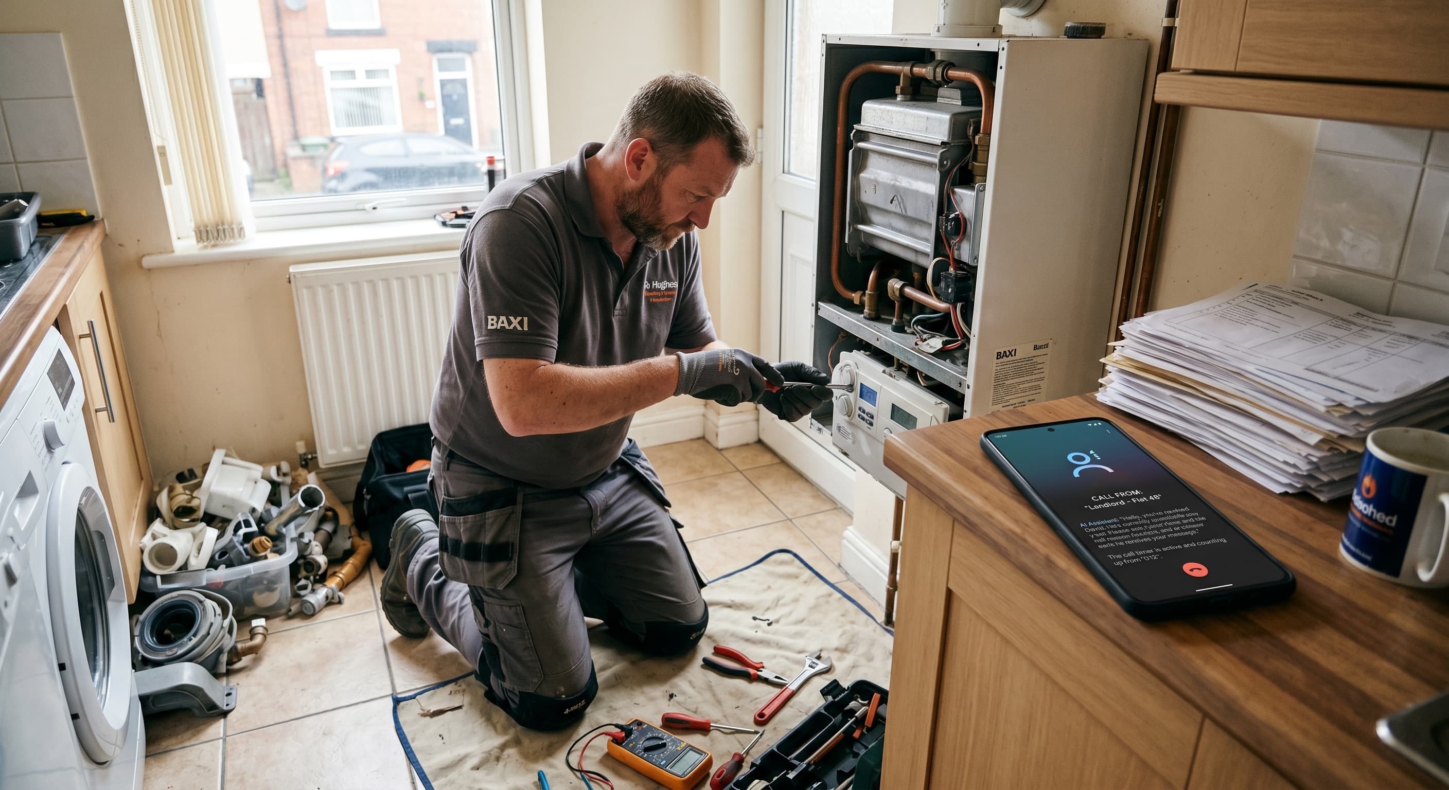 Tradesperson working on a boiler while a smartphone nearby shows an AI assistant handling an incoming call