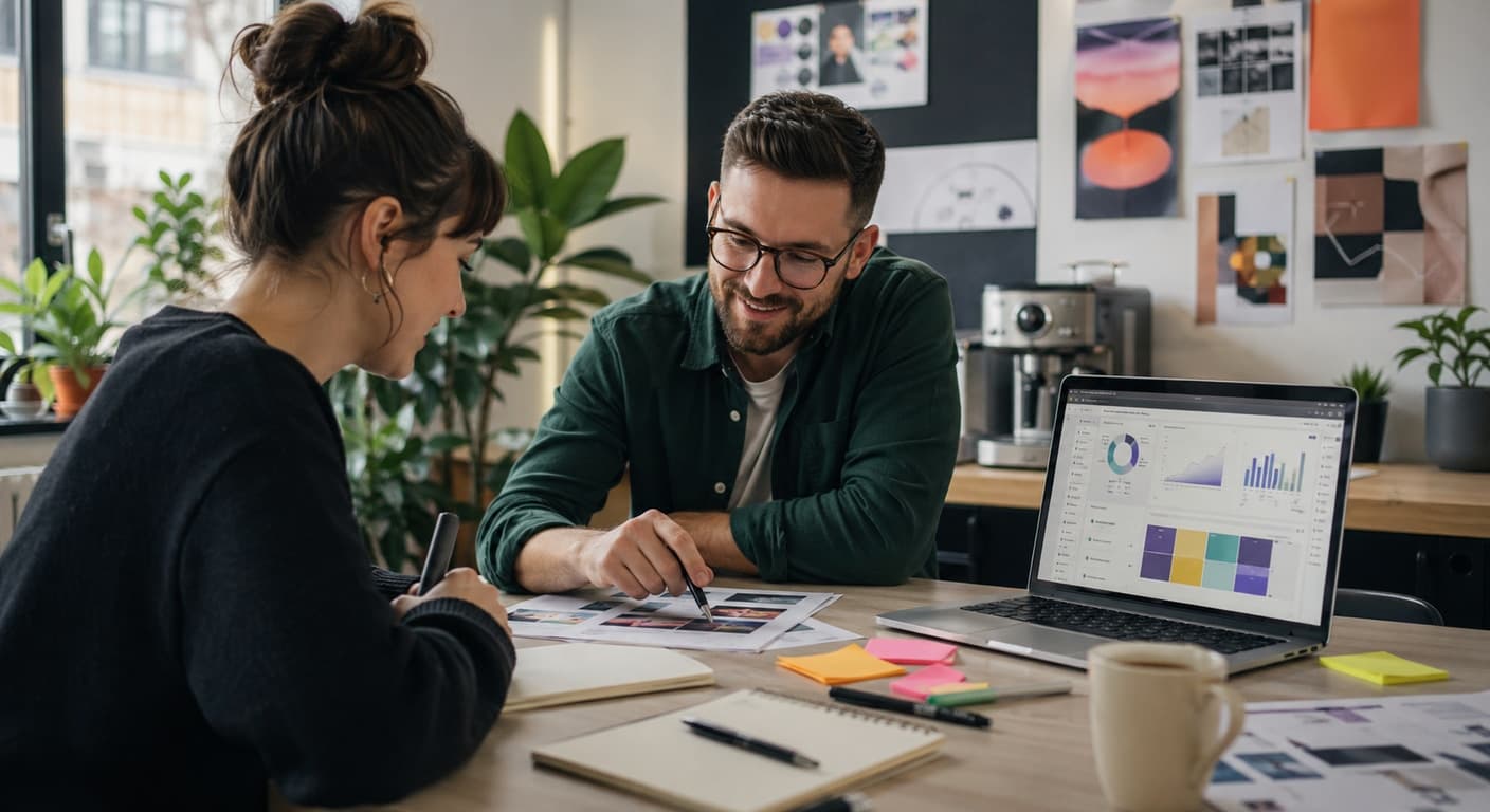 Marketing team working at laptops in a bright UK agency office, reviewing campaign results on a screen