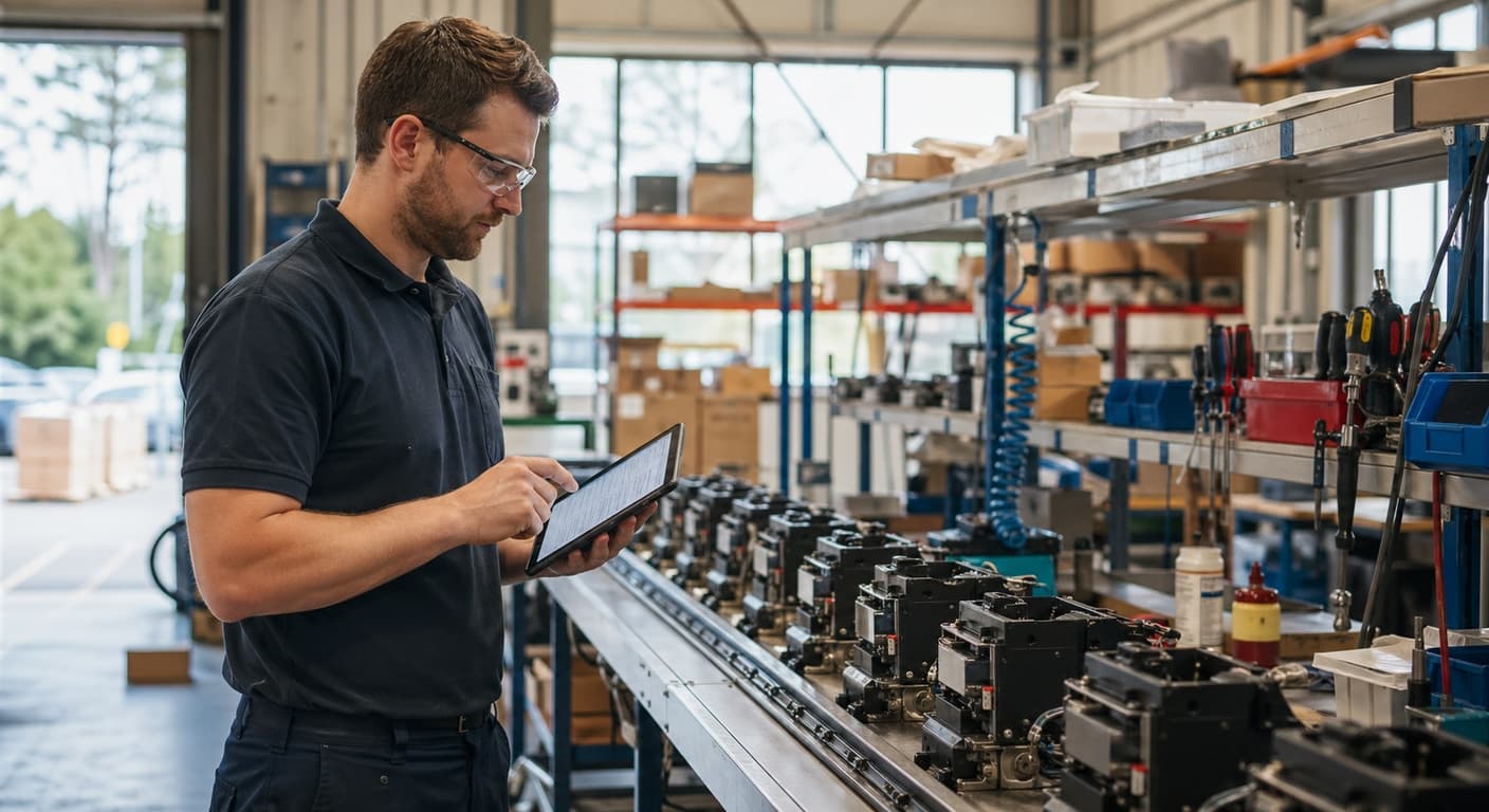 Small UK manufacturing facility with staff reviewing order data on a screen alongside production equipment