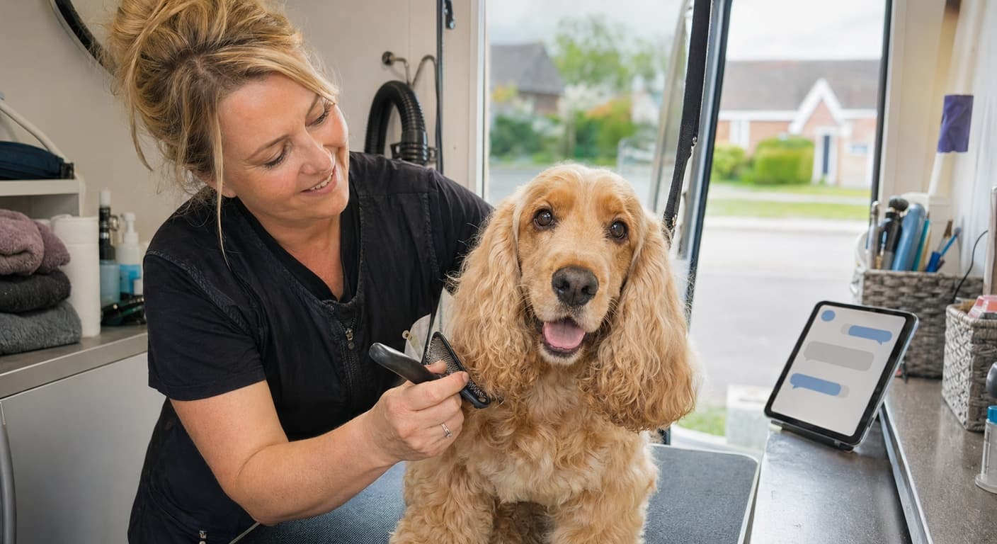 Mobile dog grooming van parked outside a UK home with a friendly groomer attending to a small dog