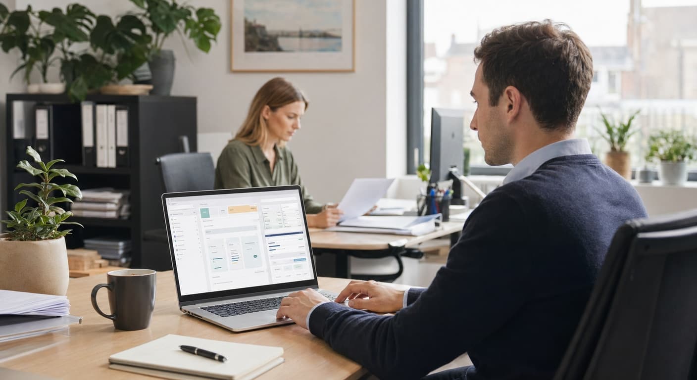 Accountancy practice meeting room with a partner reviewing client reports on a laptop alongside accounting software dashboards