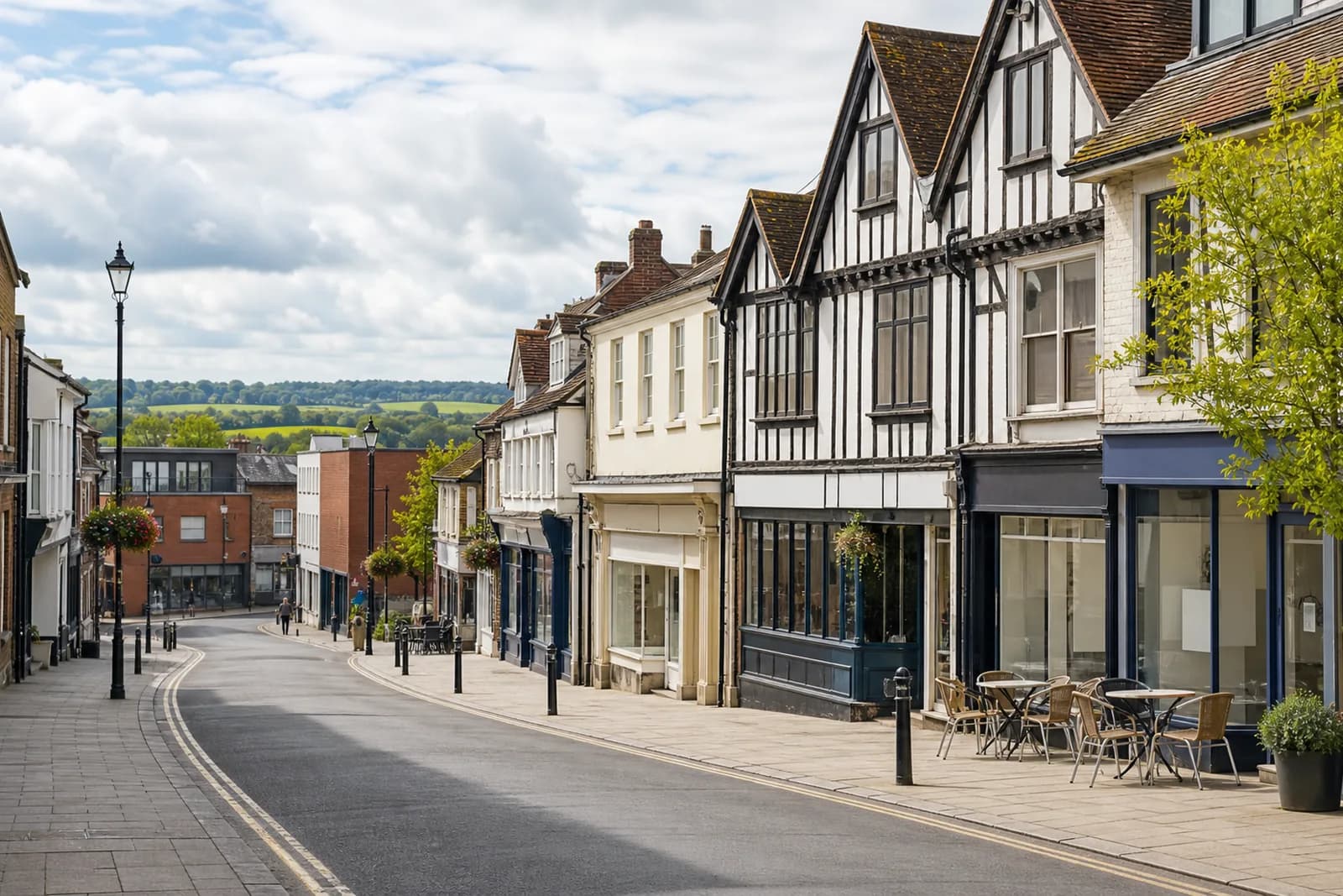 Historic market town centre in Braintree, Essex, with timber-framed and brick frontages on Bank Street