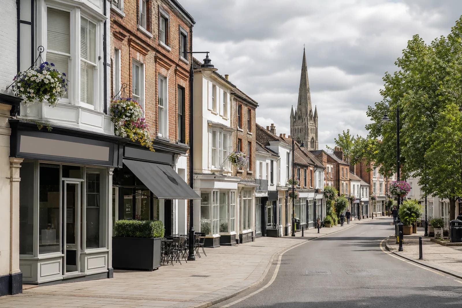 High street view in Brentwood, Essex, with period shopfronts and a church spire in the background