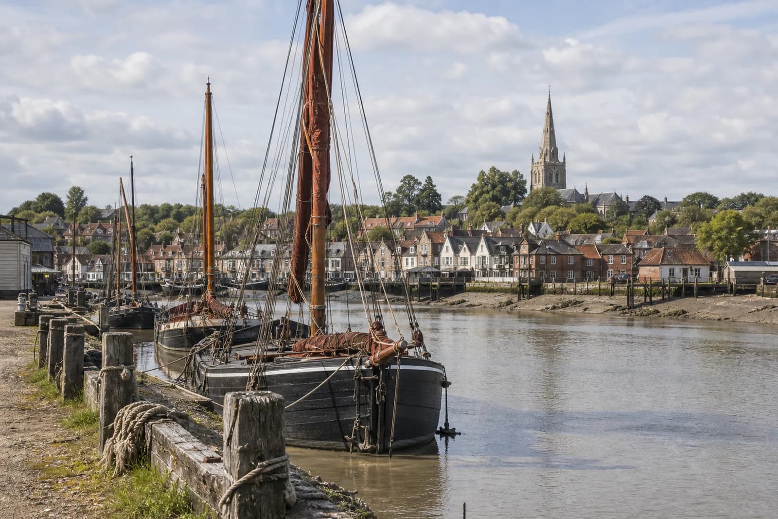 Thames sailing barges moored at Hythe Quay on the Blackwater estuary in Maldon, Essex