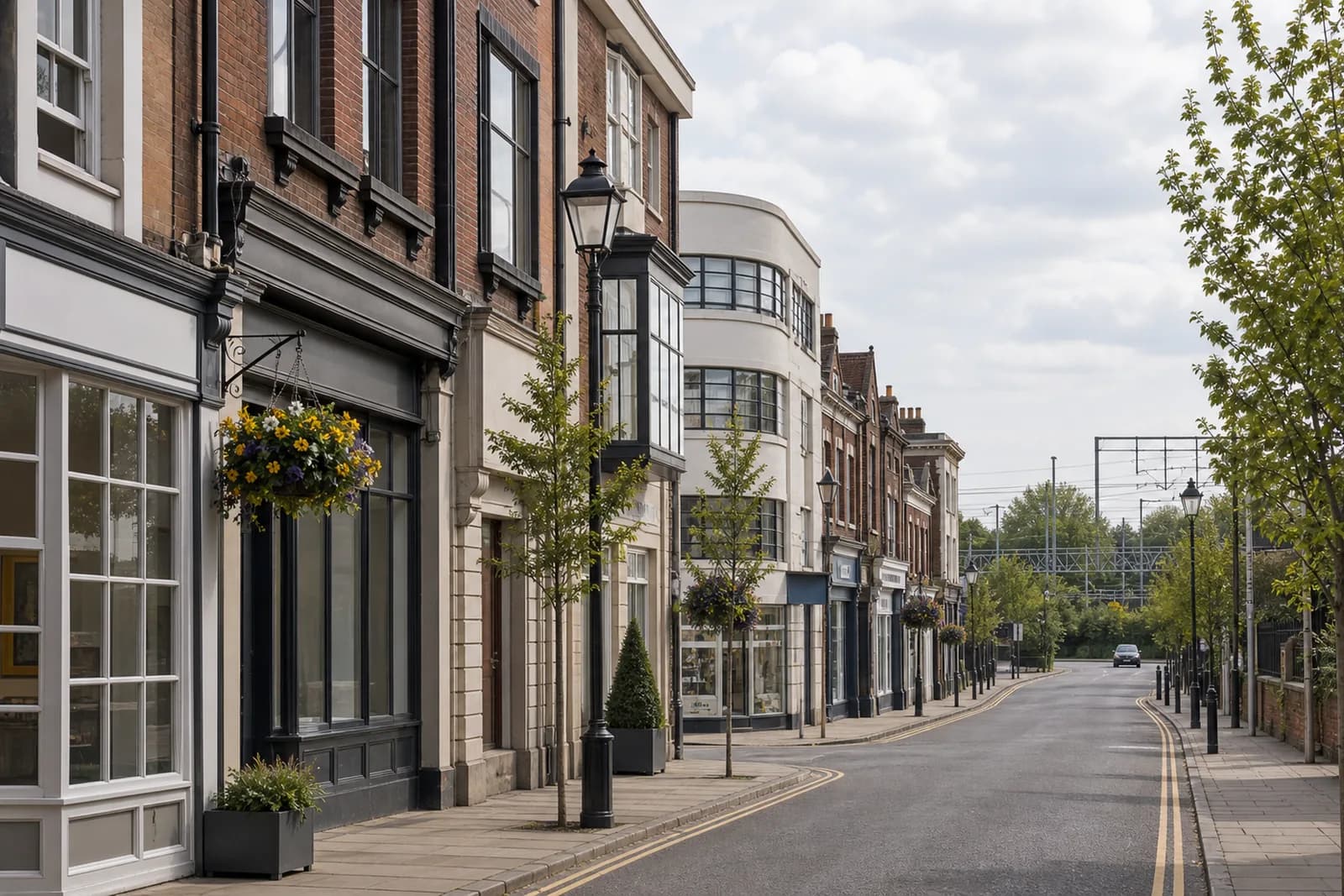Newland Street high street in Witham, Essex, with Georgian and Victorian buildings